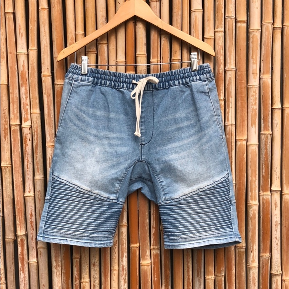 PACSUN Blue Denim Drop-Crotch Moto Jogger Shorts M